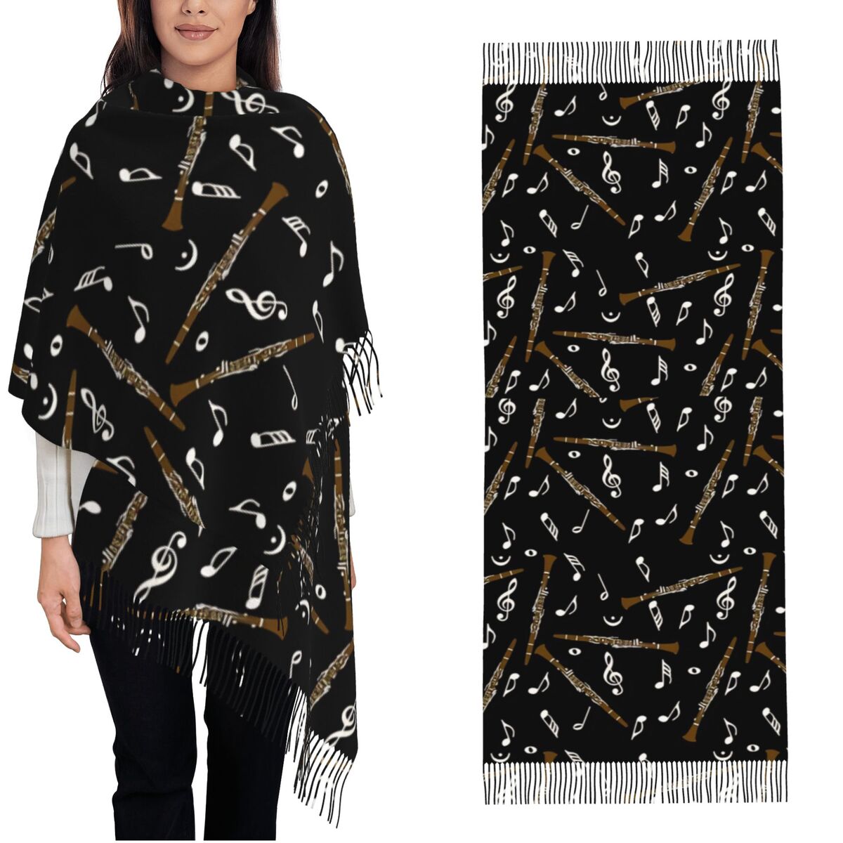 Pashmina Wrap Large - Womens Scarf with Tassel Clarinet Music