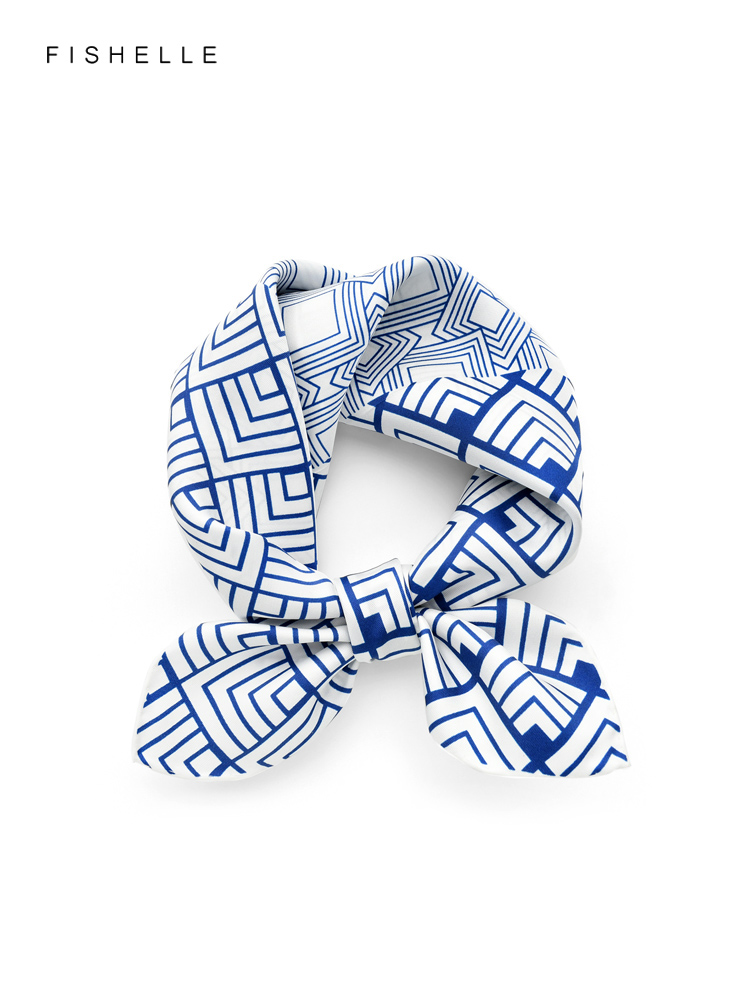 Ascot Neck Scarf - Geometric printed real silk twill scarf