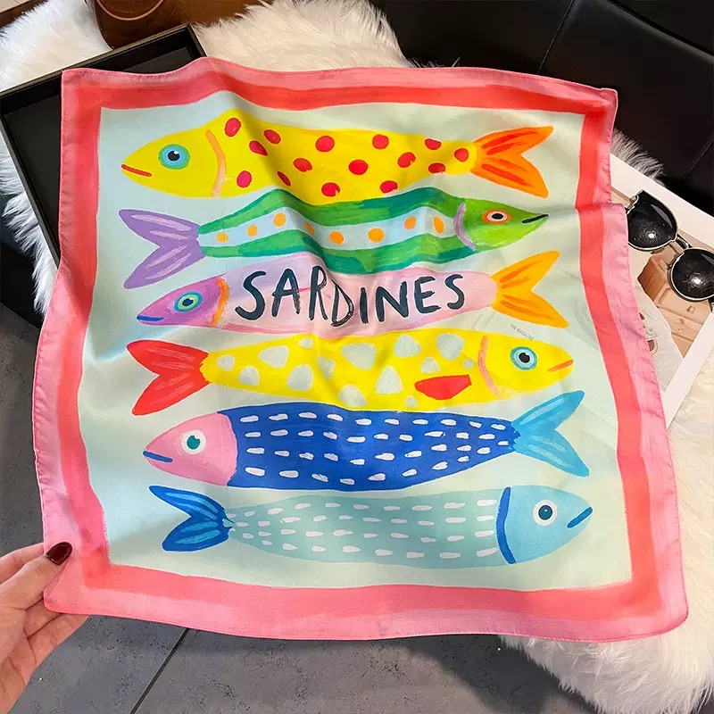 Silk Neck Scarf - Fashion Fish Pattern Square Silk Head